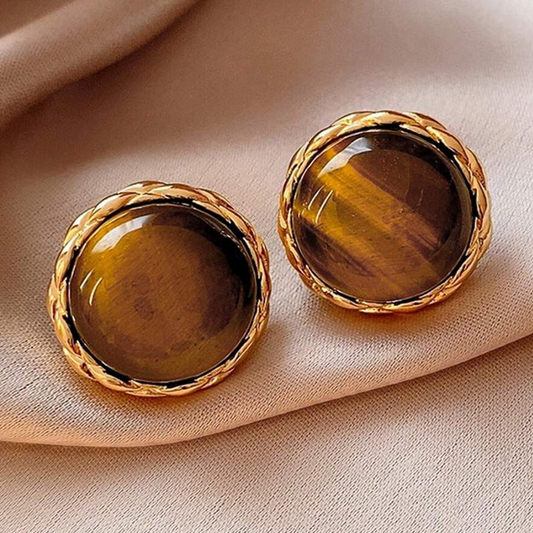 Retro Brown Stone Round Earrings