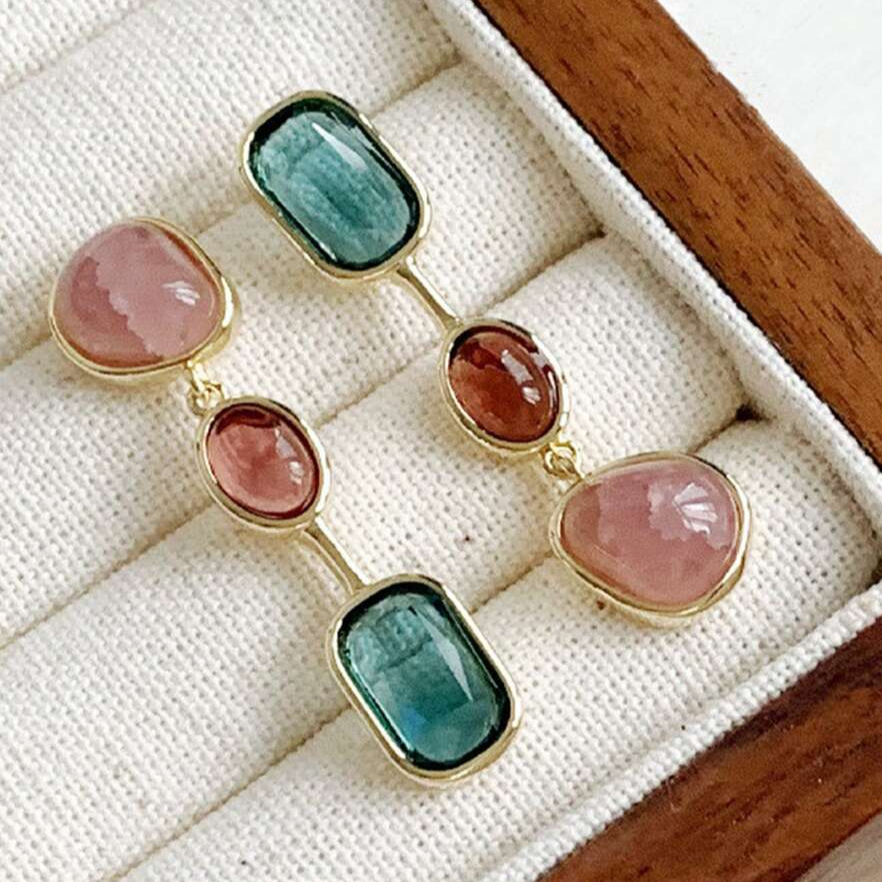 Retro Turquoise and Pink Gemstone Earrings
