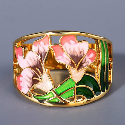 Retro Golden Enamel Floral Ring