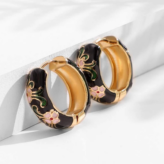 Retro Black Enamel Hoop Earrings
