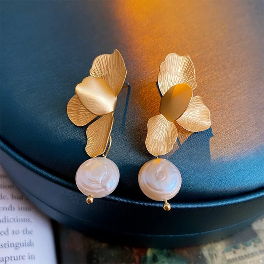 Chic Gold Petal Pearl Drop Earrings