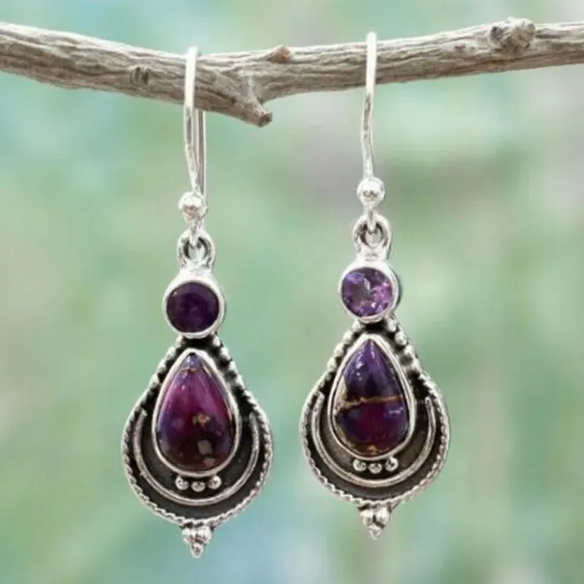 Retro Purple Stone Drop Earrings
