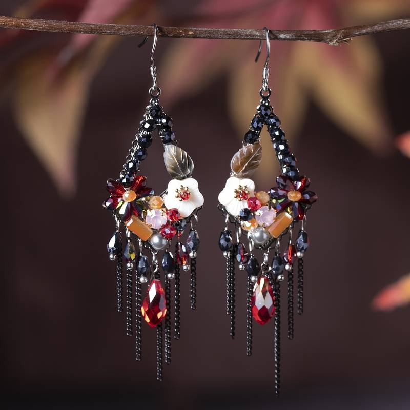 Retro Floral Drop Earrings in Dark Tone