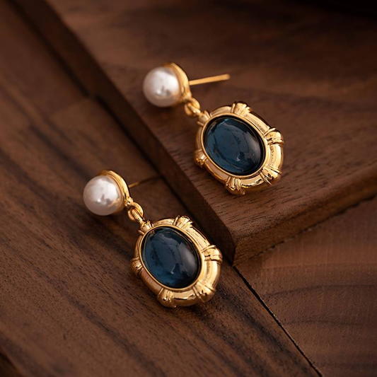 Retro Inlaid Stone and Pearl Earrings