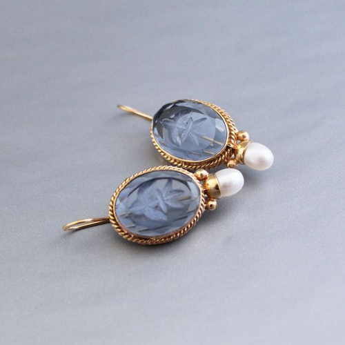 Retro Blue Glass Pearl Earrings