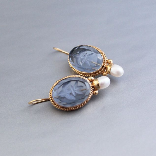 Retro Blue Glass Pearl Earrings