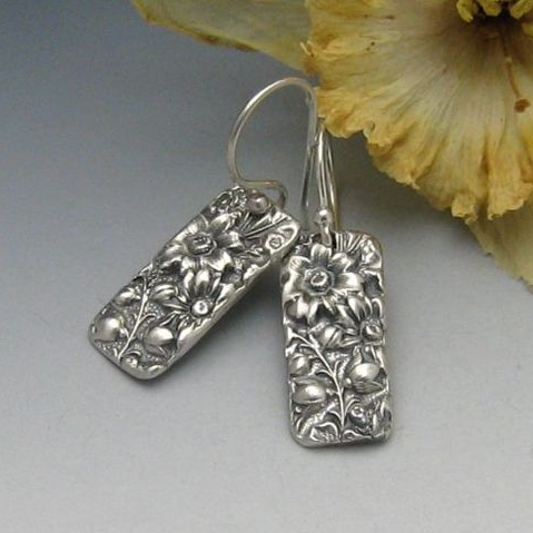Retro Silver Rectangular Floral Earrings