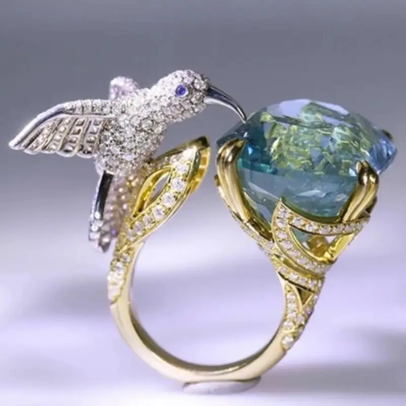 Zirconia Ring with Blue Crystal Hummingbird Design