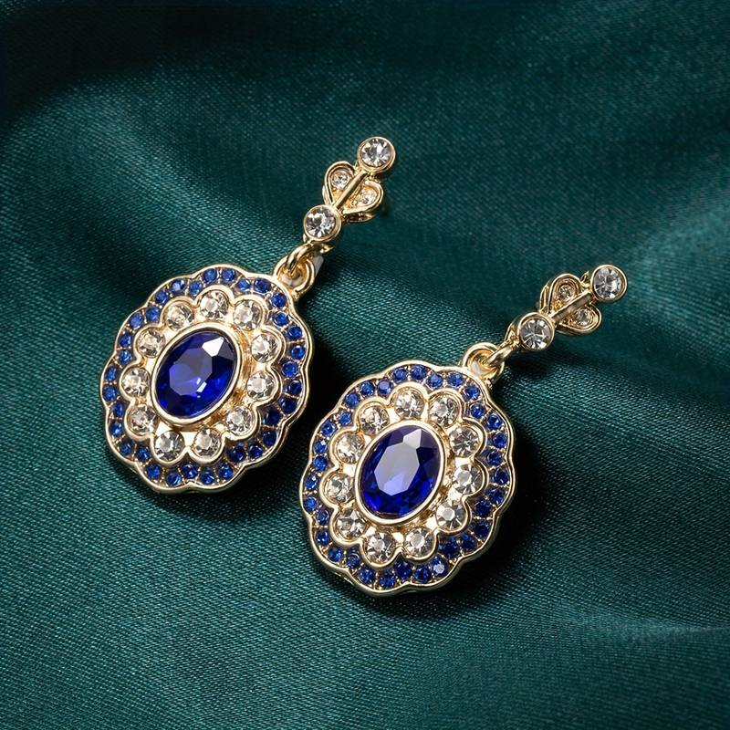 Vintage Gold Earrings with Blue Crystal Mandala Design