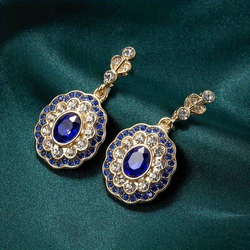 Vintage Gold Earrings with Blue Crystal Mandala Design