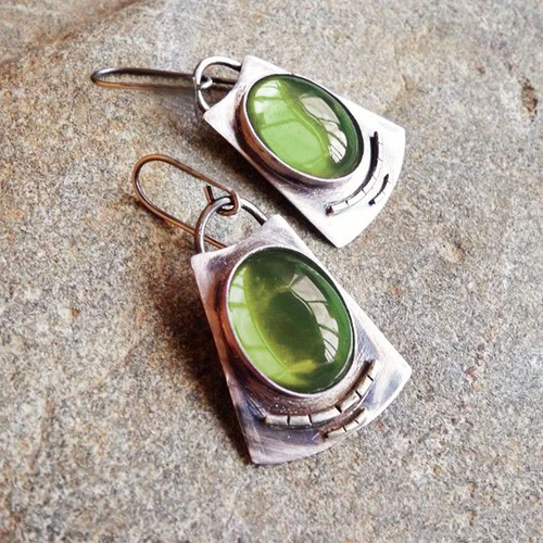 Antique Green Inlaid Glass Silver Earrings