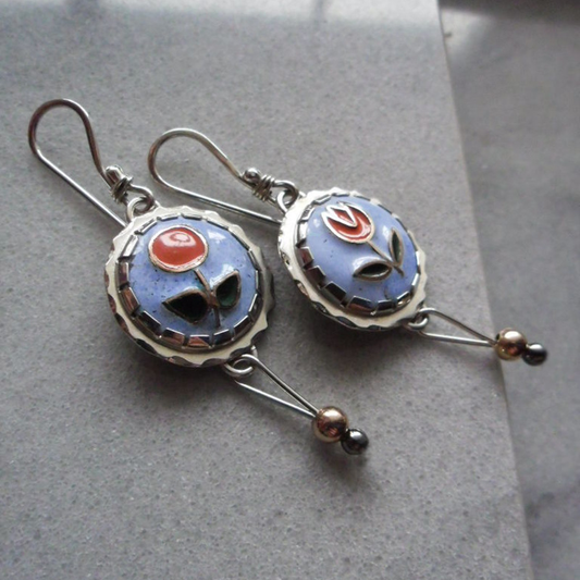 Retro Round Enamel Floral Earrings