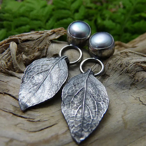 Antique Inlaid Silver Earrings with Pearl Leaf Design