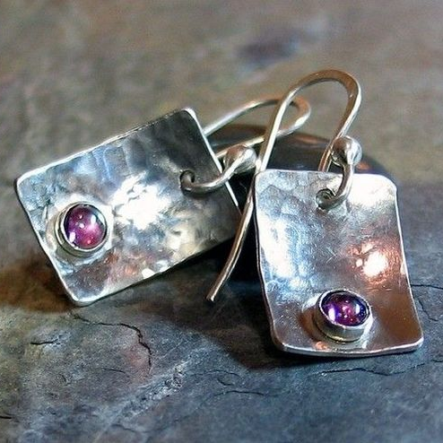 Retro Silver Square Earrings with Purple Gemstone
