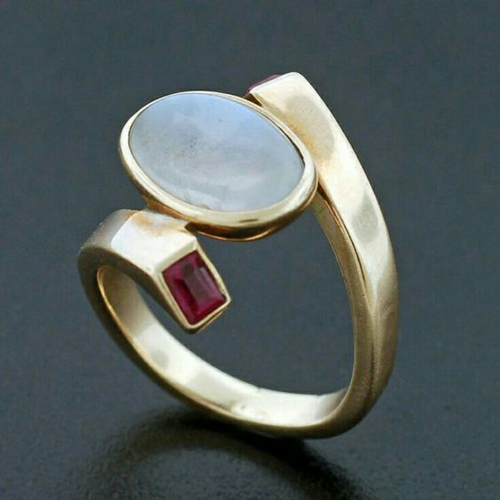 Classic Gold Ring with Vintage White Opal and Red Zirconia