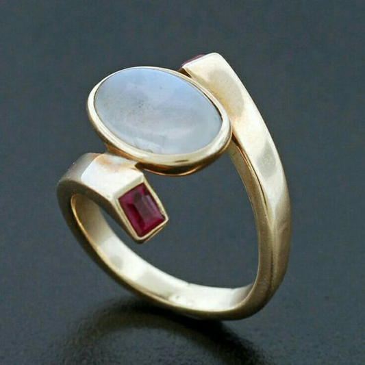 Classic Gold Ring with Vintage White Opal and Red Zirconia