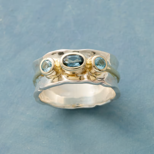 Antique Blue Inlaid Stone Ring with Gold and Silver Accents