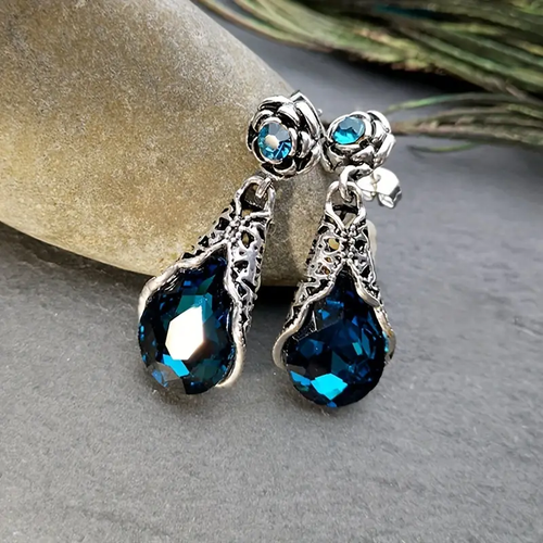 Antique Silver Earrings with Blue Crystal Drops