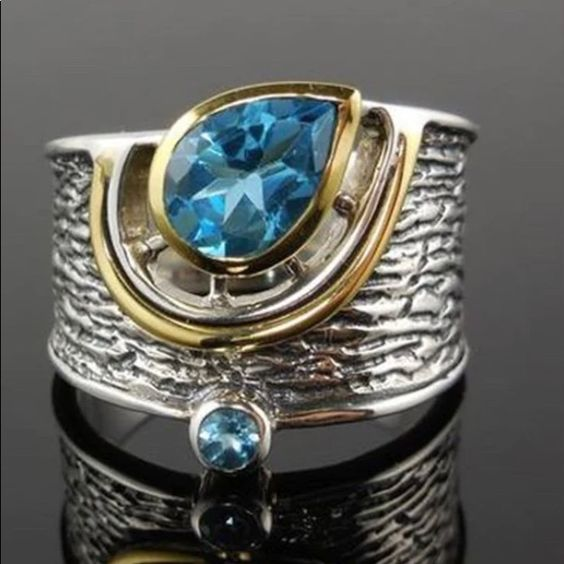 Antique Silver Ring with Blue Crystal Drop