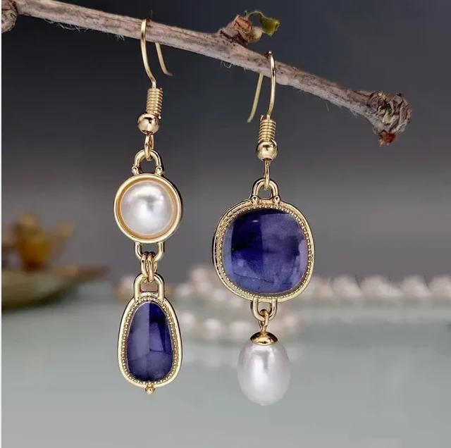 Antique Gold Earrings with Blue Stone and Pearl Accents
