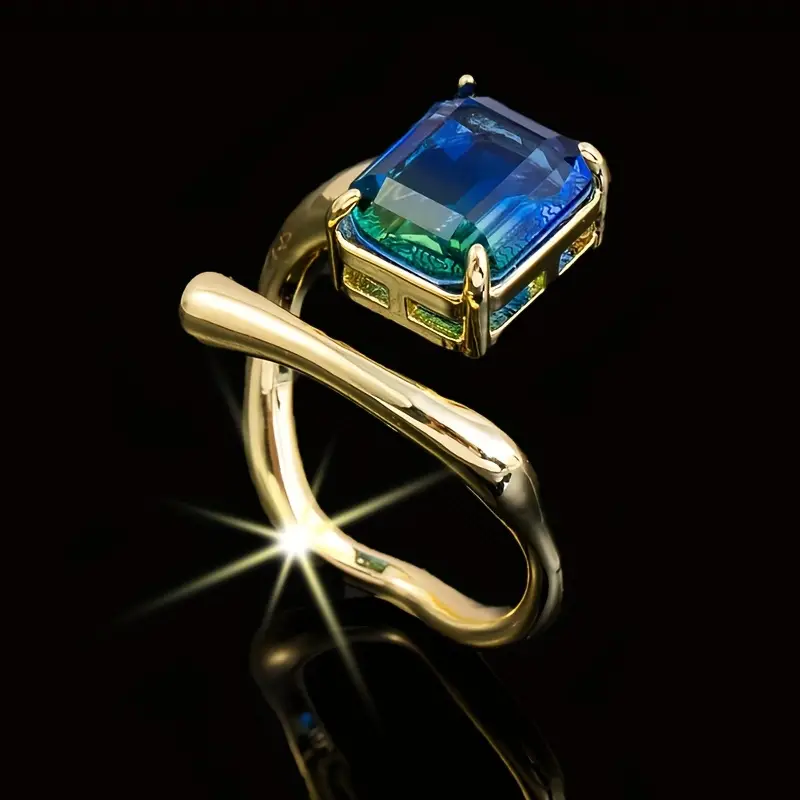 Retro Gold Open Ring with Inlaid Blue Glass