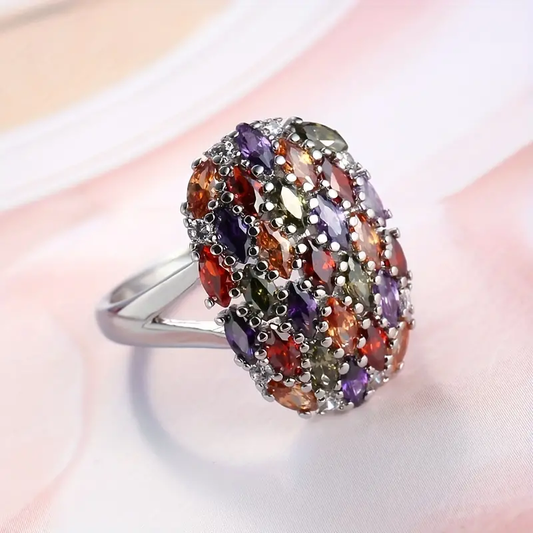 Retro Colorful Crystal Silver Ring