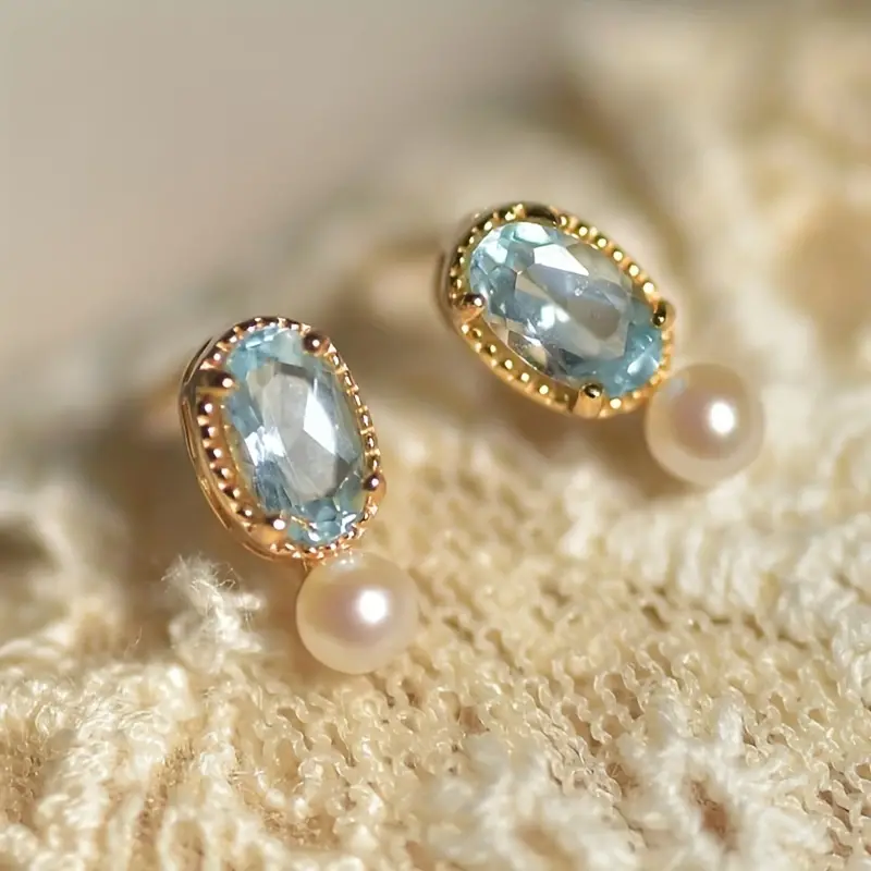 Retro Blue Crystal and Pearl Gold Earrings