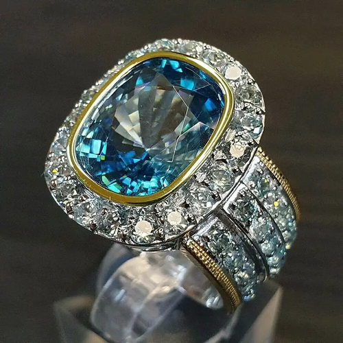 Retro Blue Glass Ring with Radiant Gold and Silver Accents