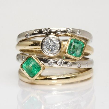 Antique-Inspired Layered Silver and Gold Ring with Green Crystal