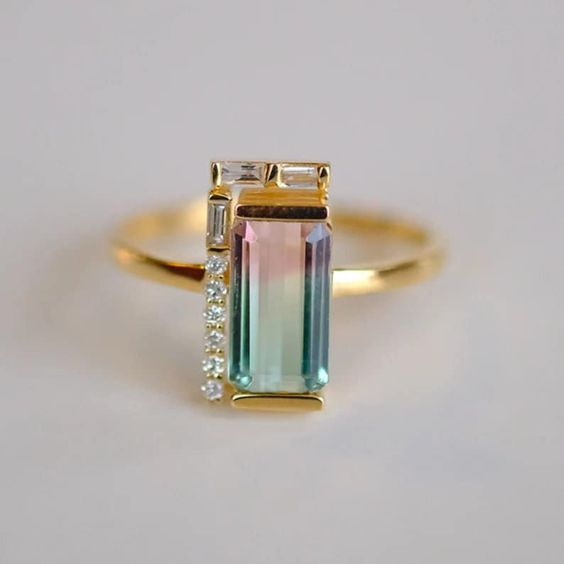 Retro Blue Glass Rectangle Ring with Gold Accents