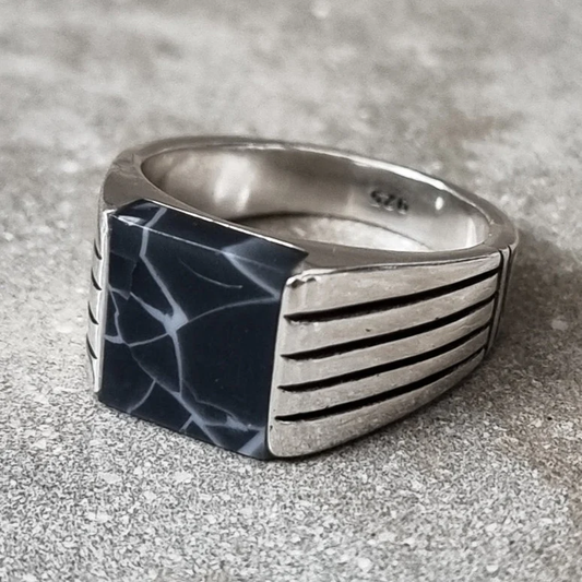 Antique-Inspired Dark Stone Silver Stacked Ring