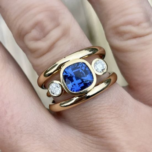 Classic Golden Ring with Vintage Blue Zirconia