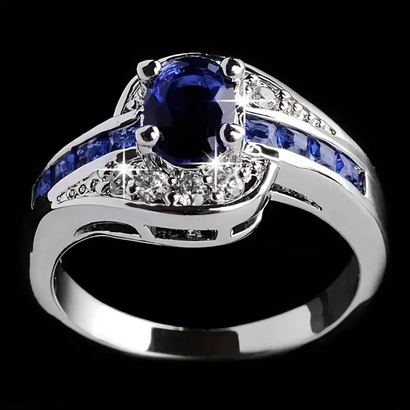 Retro Blue Crystal and Silver Zirconia Ring