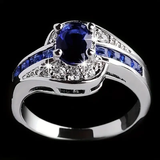 Retro Blue Crystal and Silver Zirconia Ring
