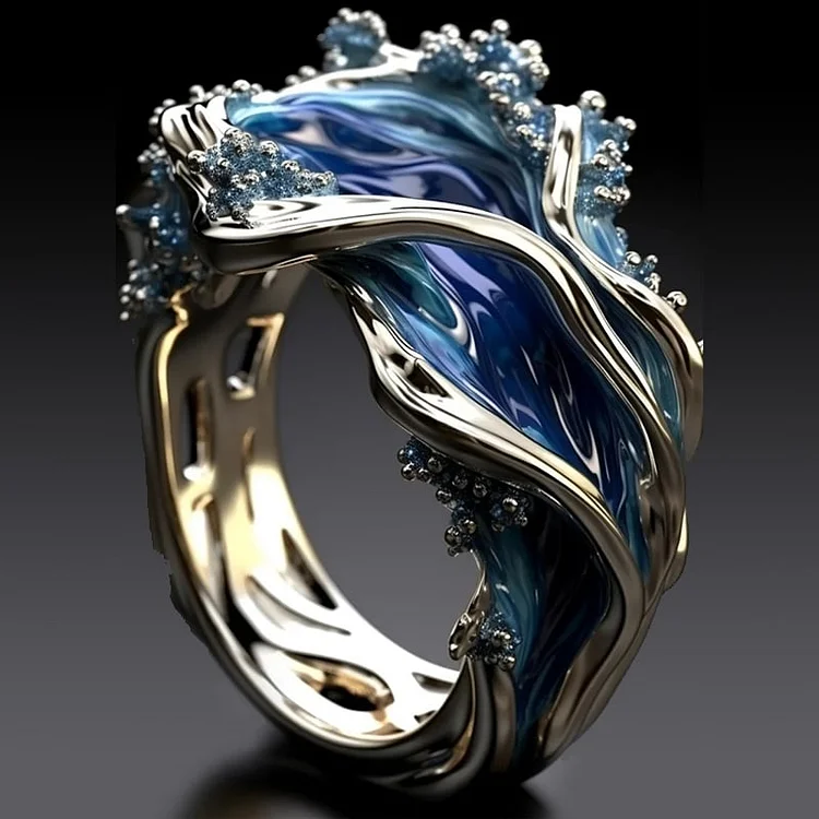 Retro Golden Ocean Wave Ring