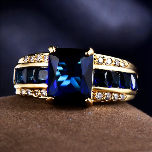 Retro Gold Ring with Blue Zirconia Accents