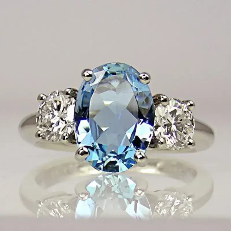 Retro Bright Silver Ring with Blue Accent