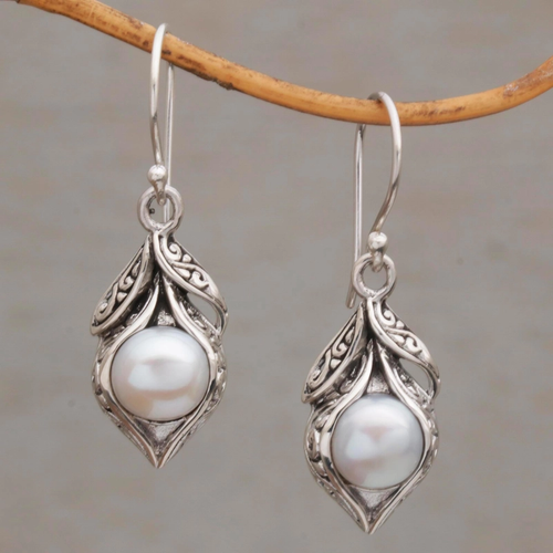 Retro Silver Earrings with Dangling Pearls