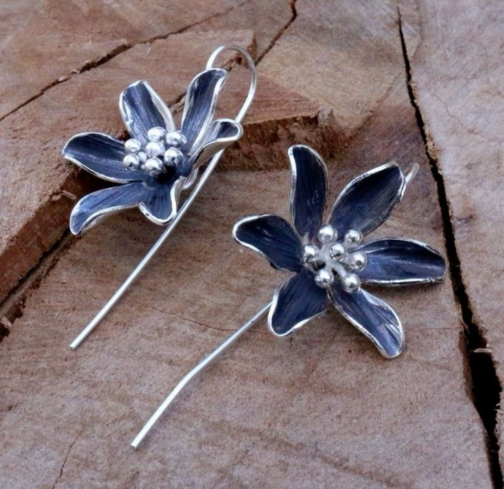 Antique Silver Earrings with Blue Floral Design