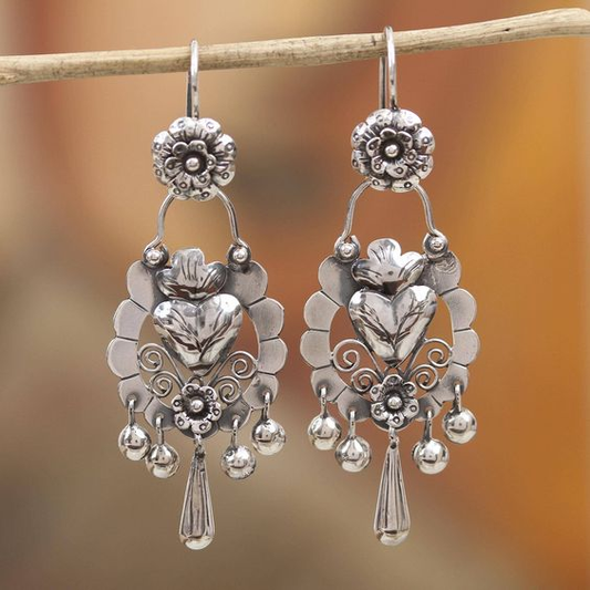 Retro Silver Heart and Flower Drop Earrings