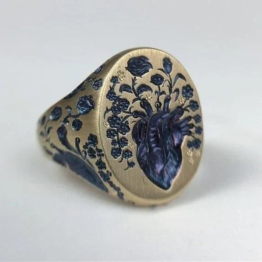 Antique Blue Floral Seal Gold Ring