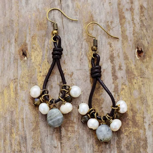 Retro Leather and Stone Drop Earrings