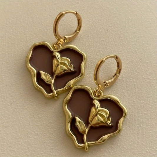 Retro Gold Heart Earrings with Rose Design