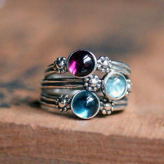 Layered Silver Ring with Vintage Colorful Stones
