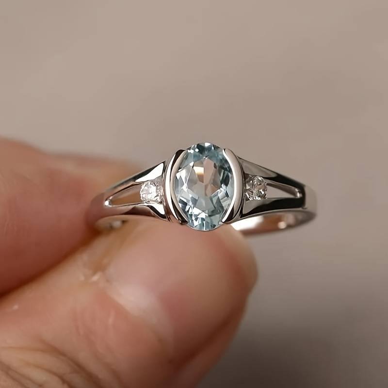 Antique Blue Oval Crystal Silver Ring