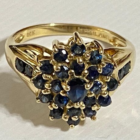 Antique Gold Ring with Inlaid Blue Crystal Flower Design