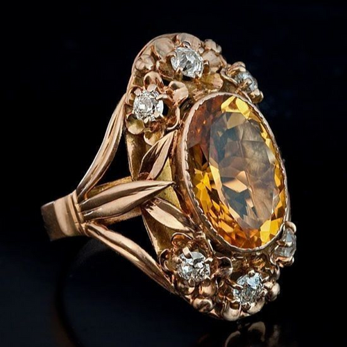 Retro Oval Orange Glass Ring with Gold Accents