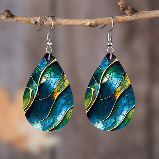 Retro Hand-Painted Blue Leaf Dangle Earrings