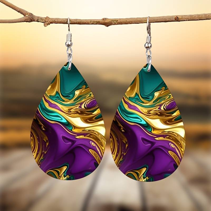 Retro Purple, Gold, and Green Dangle Earrings