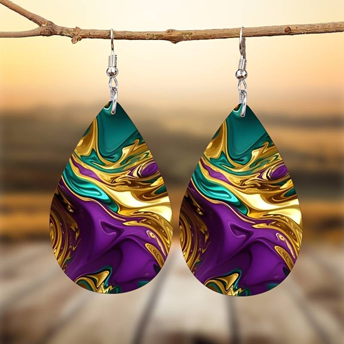Retro Purple, Gold, and Green Dangle Earrings